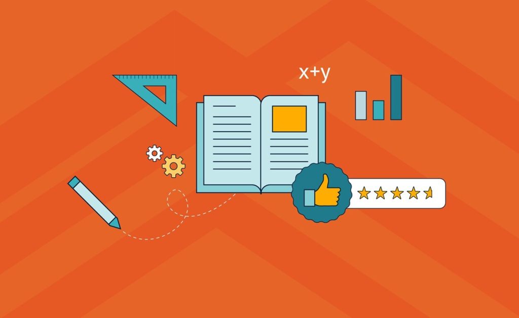 Math and education symbols on an orange background.