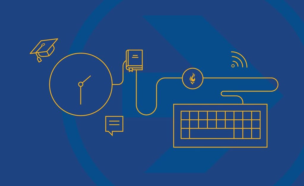 Line art illustration of online learning elements: graduation cap, clock, book, flame, keyboard, and Wi-Fi.