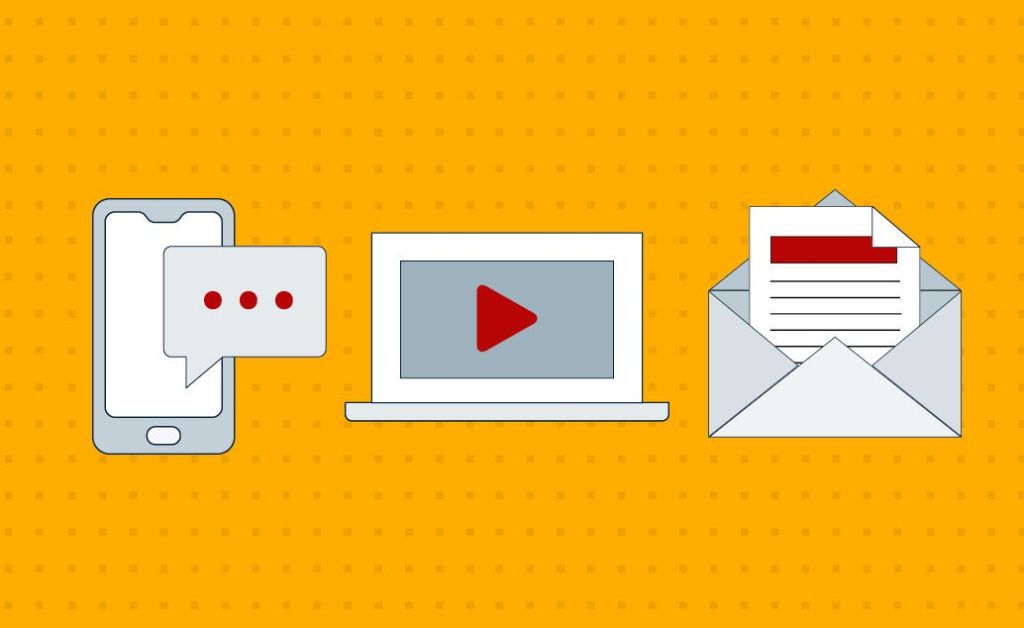 Graphic of a phone, laptop, and envelope.