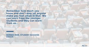 Quote about learning from younger students over an image of an audience.