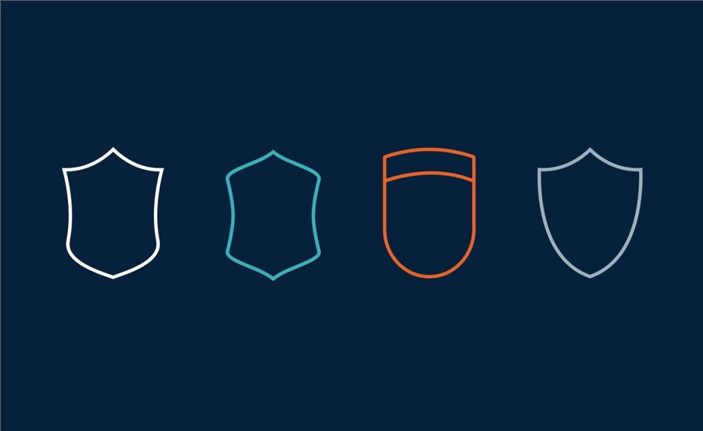 Four shield outlines on a dark background.