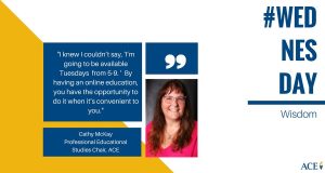 American College of Education graphic featuring a quote by Cathy McKay on the flexibility of online education.