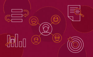 Illustration of various icons related to starting initiatives, such as a piece of paper, a flowchart, graphs and a target