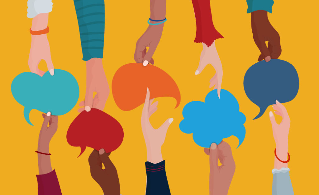 Illustration of arms with a diverse array of skin tones reaching toward conversation bubbles
