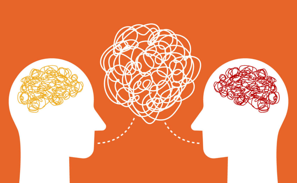 Visual representation of communication disagreements at work: Two people with tangled thoughts trying to connect.