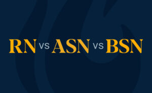 Graphic with a navy background that says RN vs ASN vs BSN in yellow text