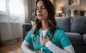 A nurse in scrubs taking a moment to breathe with a hand over her heart and a hand over her stomach