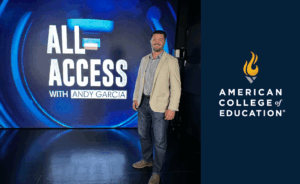 Photo of ACE President and CEO Geordie Hyland on set at All Access with Andy Garcia