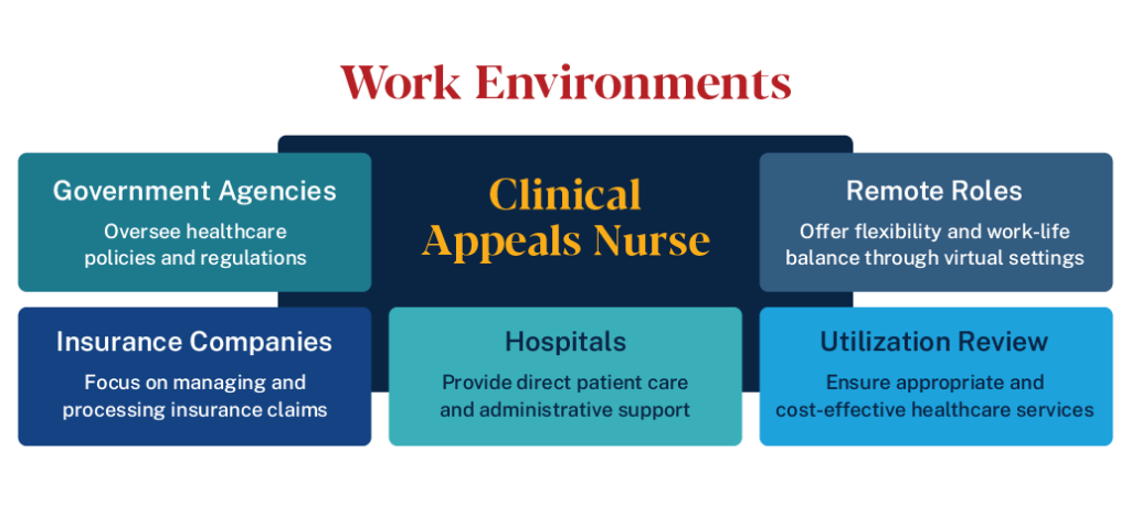 Clinical appeal nurses can work in government agencies, insurance companies, and hospitals.