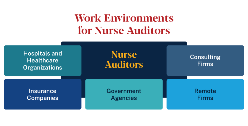 Work environments for nurse auditors include hospitals, insurance companies, government agencies, consulting and remote firms.