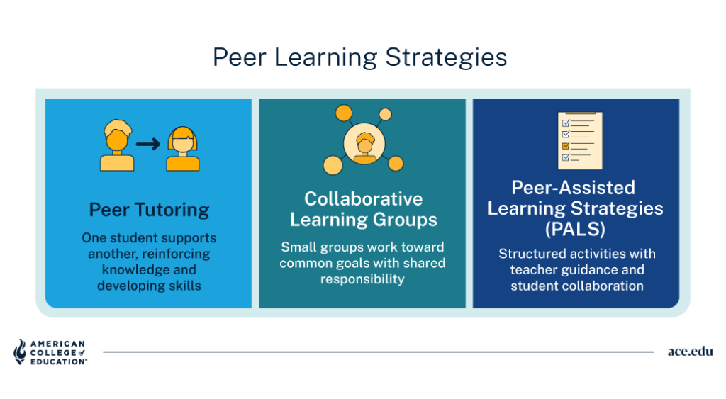 Peer learning strategies: peer tutoring, collaborative learning groups, and peer-assisted learning strategies.